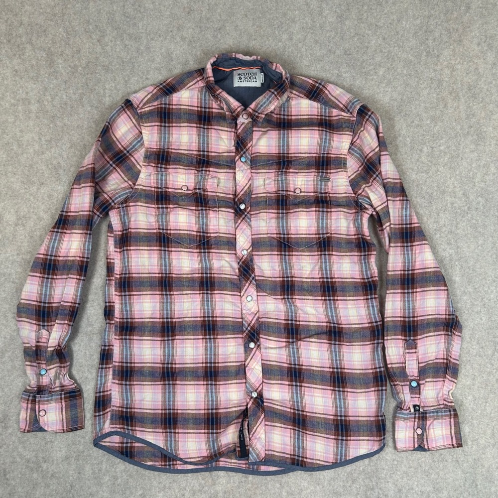 Scotch & Soda Western Shirt Mens Small Pink Plaid Linen Cotton Snap
